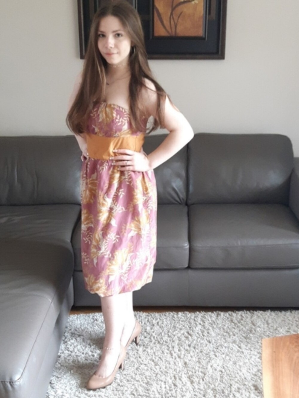 RW&CO.Pink and Orange Floral Strapless Silk Blend Dress